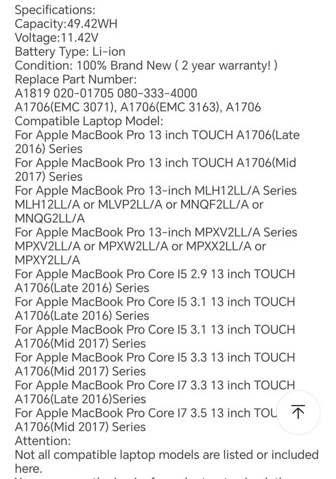 Macbook Pro touchbar A1706 Battery, 2016-2017 Nou Sigilat