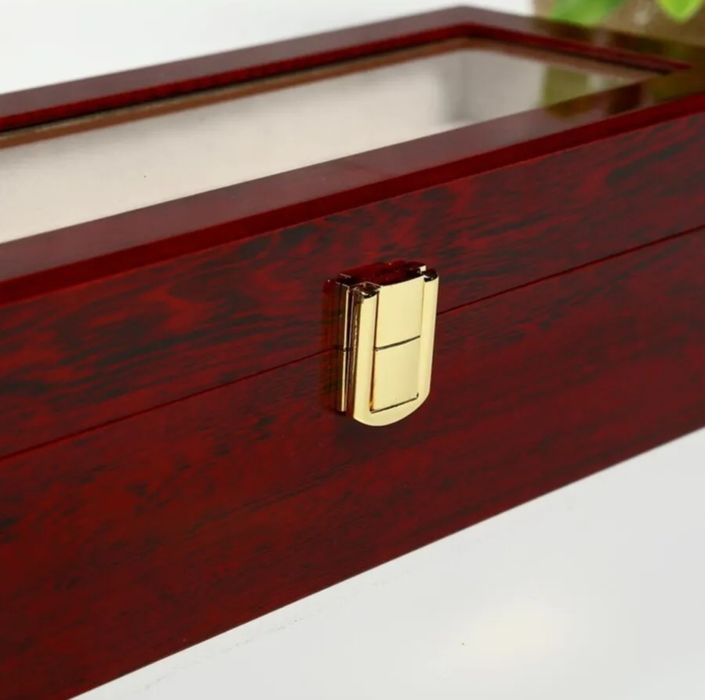 Шкатулка для часов и украшений 6 отделений Красно-коричневая дерево