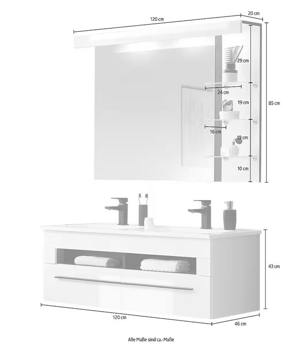 Set mobilier baie Panarea, 120 cm, lavoar dublu, oglindă cu raft