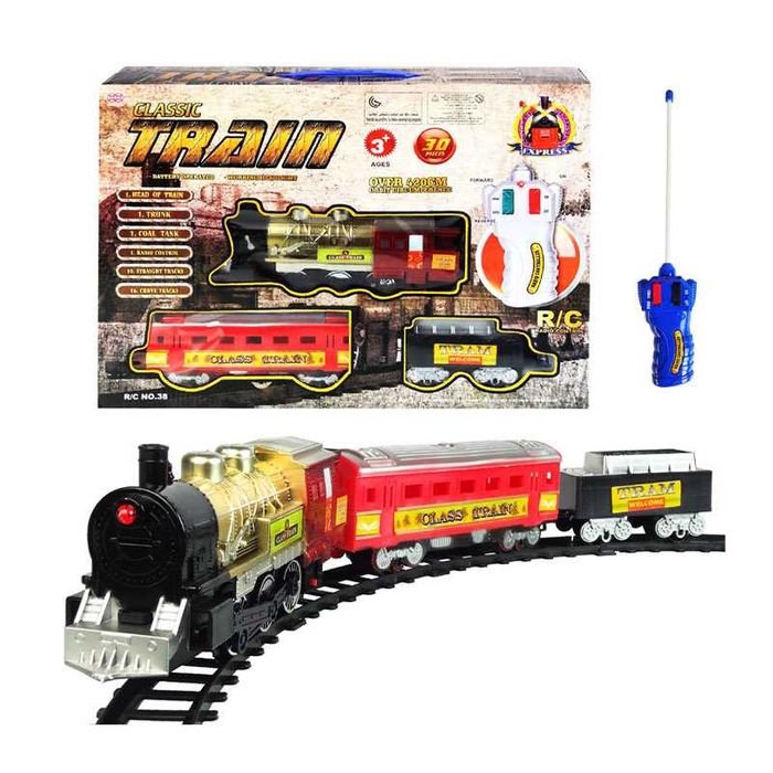 Локомотив Влак с вагони, движещ се по релси + СВЕТЛИНИ и ПУШЕК влакче