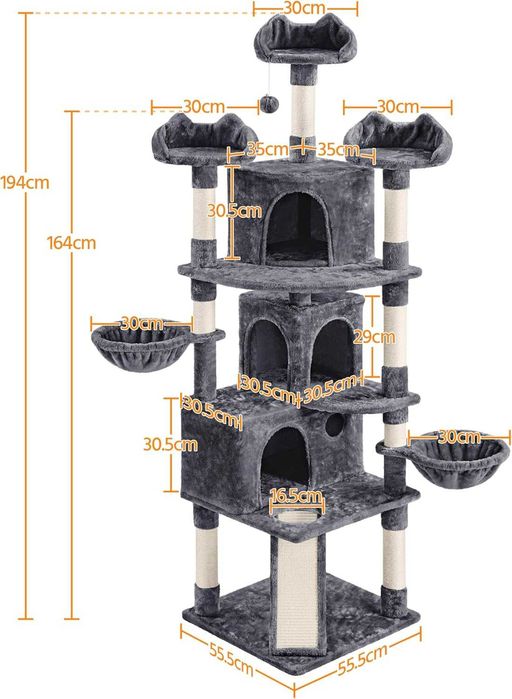 Ansamblu pisici XXL 194 cm stalpi sisal si casute |S 615086 Dark Gray