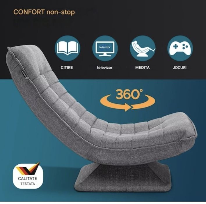 Fotoliu/Scaun relaxare cu 5 pozitii, rotire 360 grade, Casaria, sustine, tesatura gri