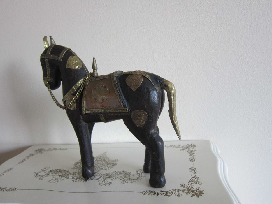 cadou rar Craciun Cal Căluț antic vintage lemn alama bronz cupru