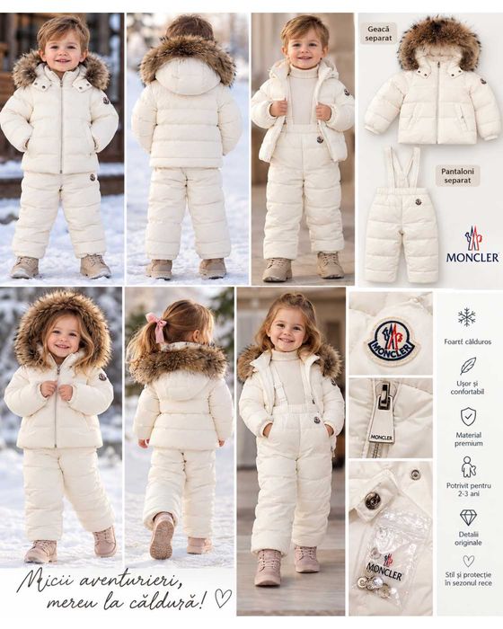 Set iarnă copii crem/alb – geacă + pantaloni cu bretele, 3 ani / 100 cm fetiță