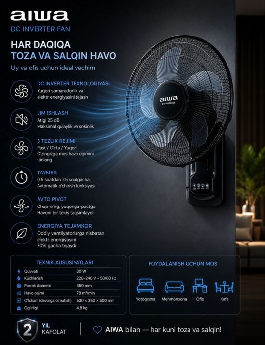 Настенный вентилятор AIWA AW-DC45W DC Inverter c пультом и таймером