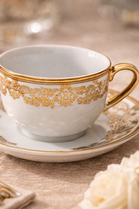 Set cesti cafea ceramica cu farfurioare, 12 piese, alb cu auriu, pentru 6 persoane, model elegant, ideal cadou