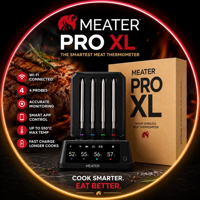 НОВО!!! Безжичен смарт термометър за месо с 4 сонди MEATER Pro XL – Wi-Fi, OLED дисплей, до 550°C