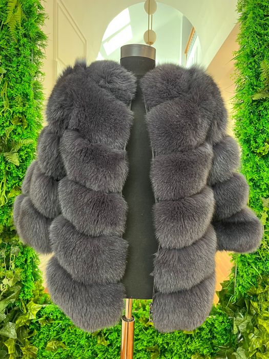 Haina / vesta blana de vulpe si piele de vitel, marime S ,gri