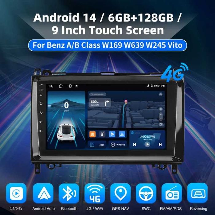 9” 2-DIN 6/128GB  Android’14 Mercedes A/B Class W169 W639 W245 Vito
