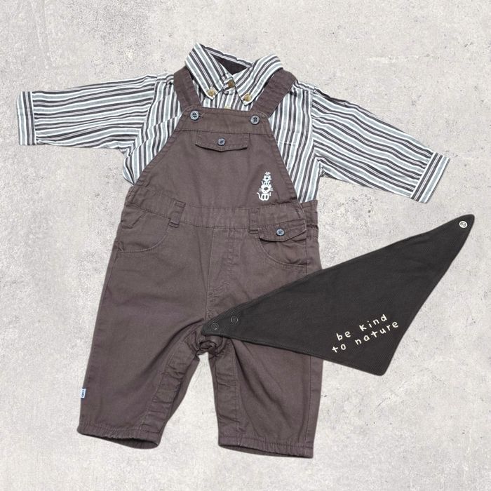 Set salopeta + cămașă bebe baiat +  bavetica 3 luni