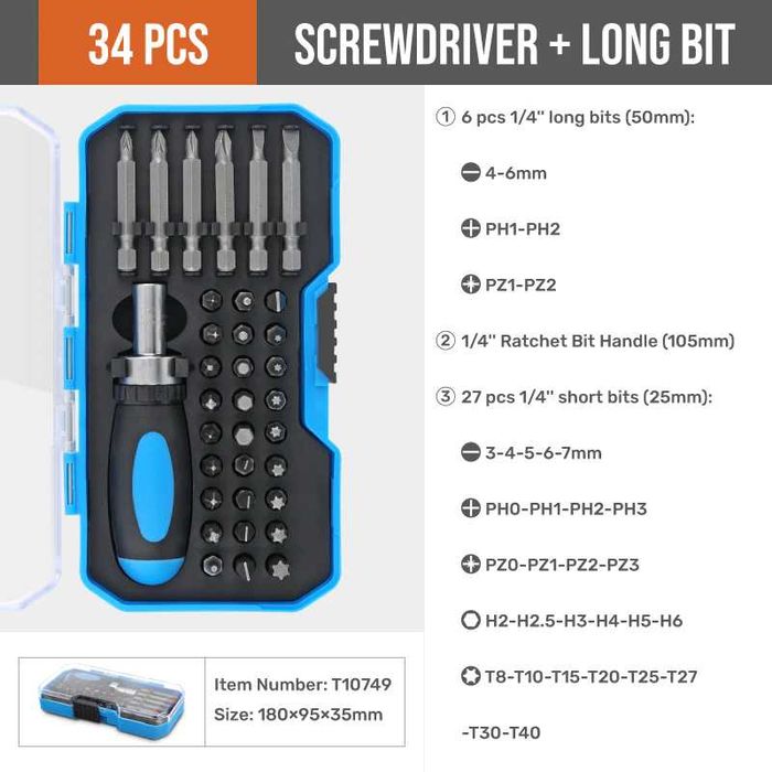 Set de șurubelnițe de precizie Hi-Spec Biți Torx magnetici 34 piese