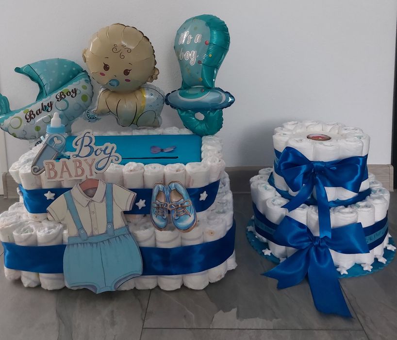 Cutie dar botez și tort decorativ din pampers
