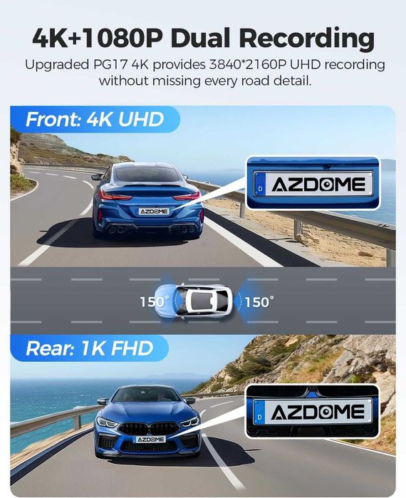 4K Видеорегистратор-Огледало AZDOME PG17 (12" Екран) GPS & 64GB Карта
