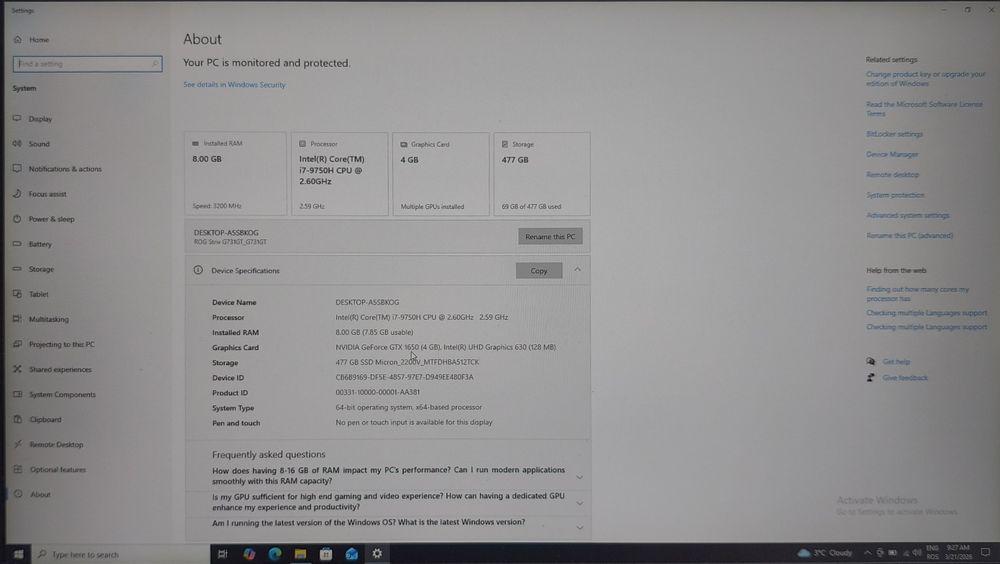 Laptop Asus Rog G731G 17,3 FHD/I7-9750H/SSD 512GB/8gb/ GTX 1650 4GB !