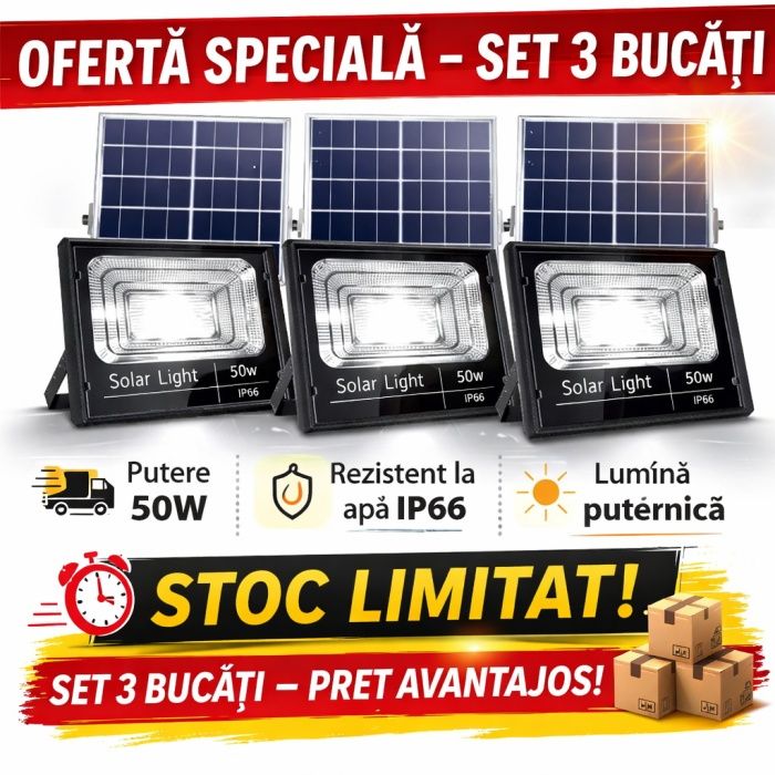 PACHET 3 X Proiector LED Cu Panou Solar , 50W, Control Prin Telecomand