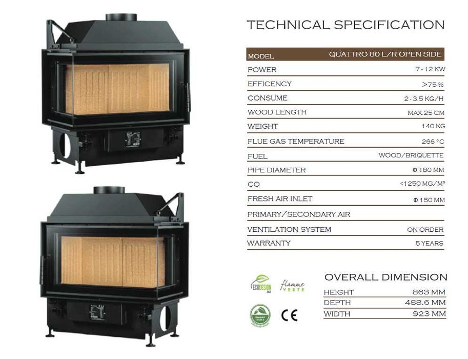 Focar de semineu pe lemne- QUATTRO 80 dreapta/ stanga  NEW Open Side