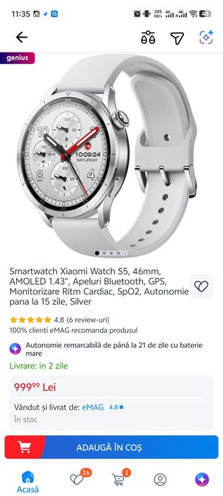 Smartwatch Xiaomi Watch S5, 46mm, nou
AMOLED 1.43", Apeluri Bluetooth, GPS
Monitorizare Ritm Cardiac, SpO2, Autonomie
pana la 15 zile, Silver