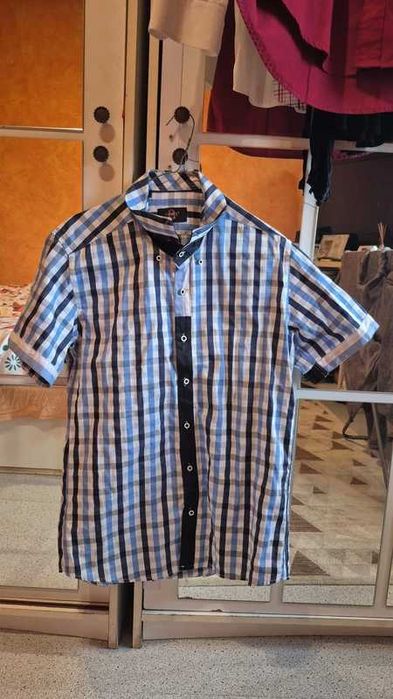 Cămașă bărbătească Biente Slim Fit, carouri albastru cu alb, XXL