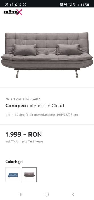 [URGENT] Canapea Cloud Gri – Stare excelentă ca nouă (6 luni)