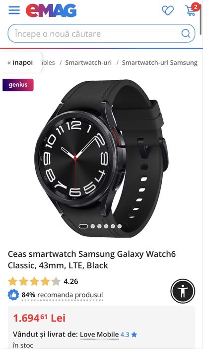 MDM vinde: Samsung Galaxy Watch 6 Classic LTE 43mm Black.
