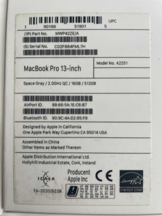 MacBook Pro 13 |A2251|i5-2.0GHz|16GB RAM|512GB SSD