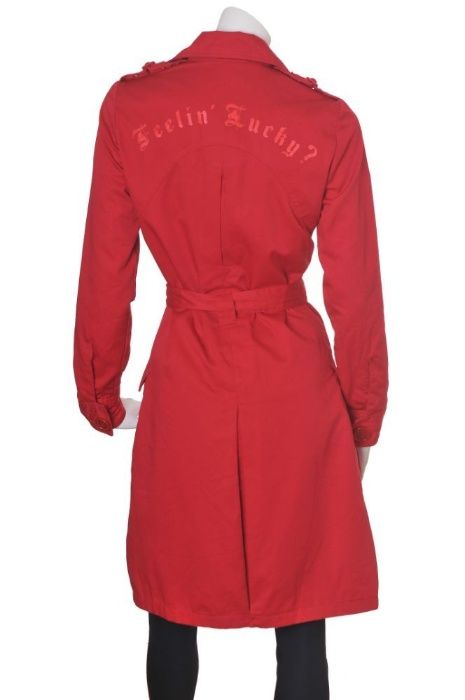 Trenci superb rosu epoleti inscriptie brodata pe spate FEELIN' LUCKY?