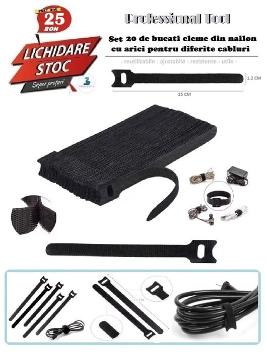 Set 20 de cleme tip bride, din nailon si cu arici pentru cabluri