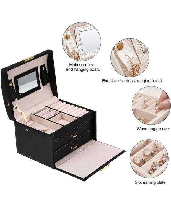 Cutie de bijuterii cu 20 compartimente incuietoare cu cheie si oglinda
