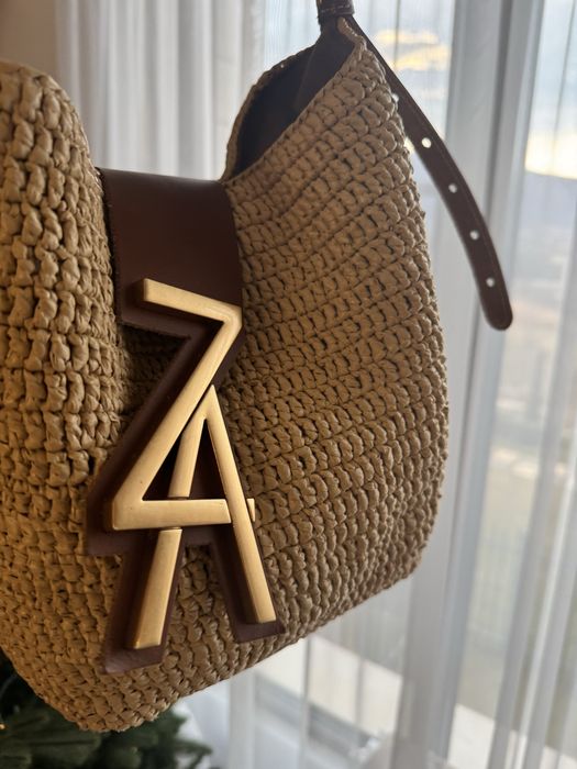 Zarena Alina - чанта за рамо от рафия и кожа - кафява