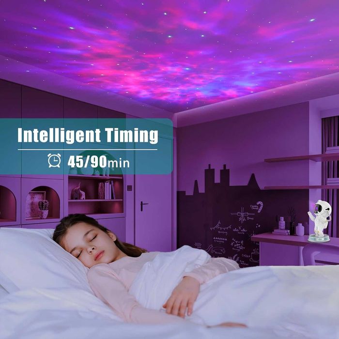 Космически проектор астронавт, звездна светлина с цветни мъглявини