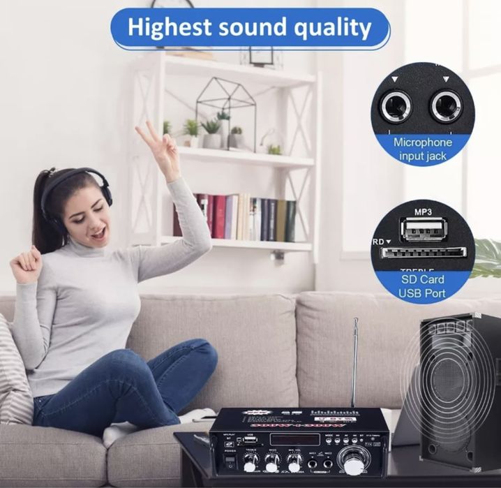 Bluetooth 5.0 hifi усилитель с радио и микрофоном
