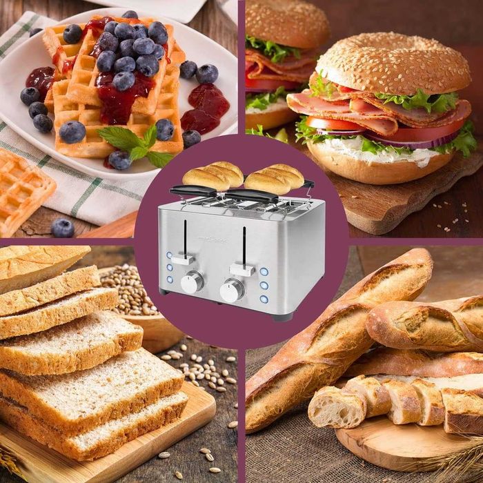 Тостер ProfiCook | Тостер за 4 филии | Корпус от неръждаема стомана | 1500 вата | Широк отвор | Приставка за хлебчета 7 нива на изпичане |