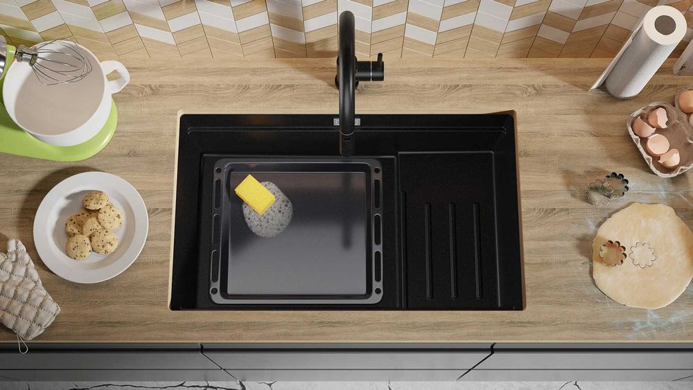 Черна гранитна мивка за монтаж под плот Прага 80 Step Level 560 x 470