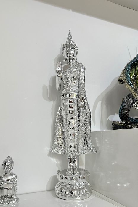 Pereche statuete mari Buddha în picioare , argintii cu oglinzi (2 bucăți)