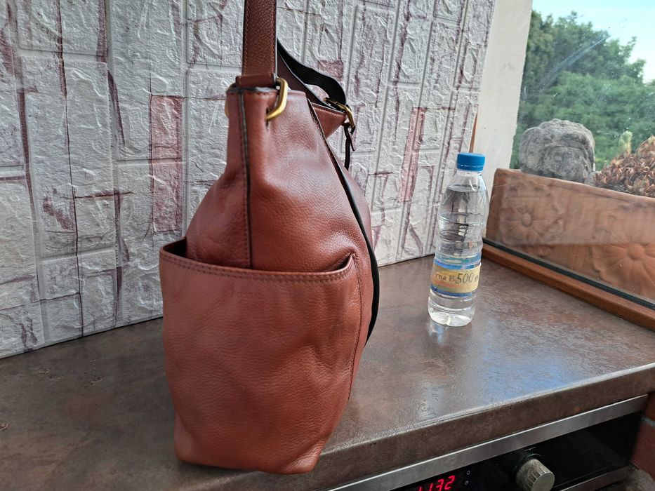 дамска чанта Fossil,кафява кожена  торба-естествена кожа