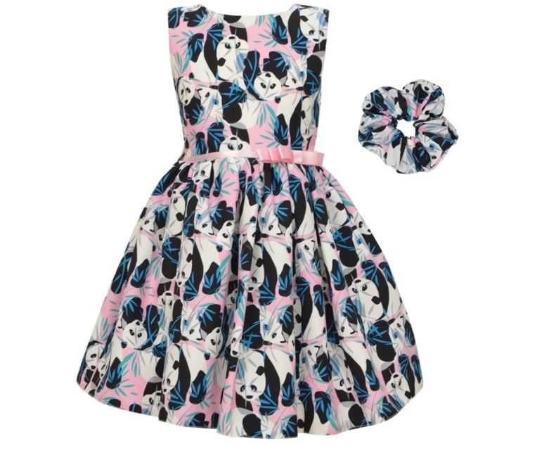 Модерна детска рокля с панди и подарък аксесоар 3-4г., 98/104