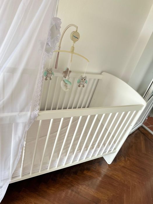 Pătuț bebe din lemn + saltea cocos + baldachin, 120x60