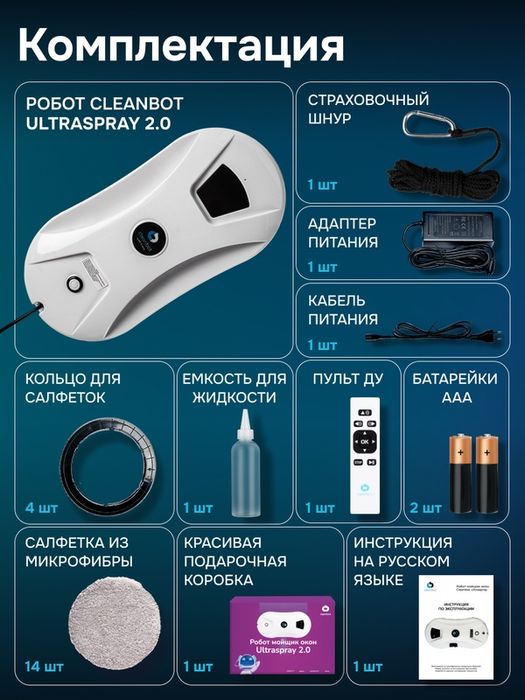 Робот мойщик окон Cleanbot Ultraspray 2.0 с распылителем , 14 салфеток