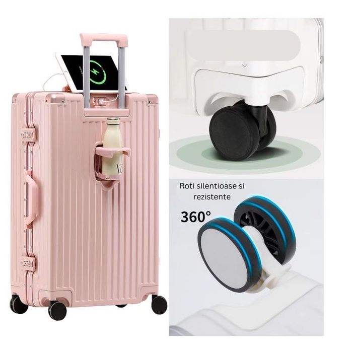 Troler de mana|cala roz & alb 54x36x24 cm, cu suport pahar si port USB