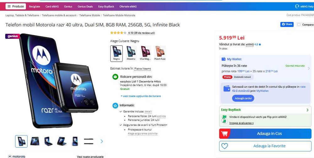 Smartphone Motorola razr 40 ultra, Dual SIM, 8 +2 GB RAM, 5G ,NOU