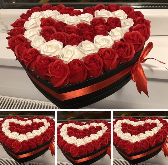 Cutie in forma de inima cu trandafiri de sapun alb rosu