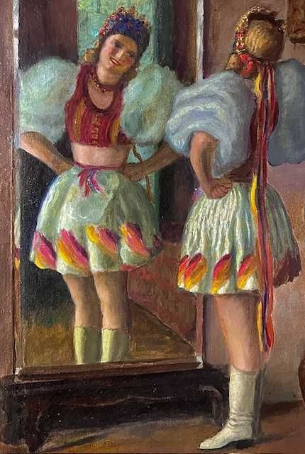 "SASOAICA LA OGLINDA" Tablou F VECHI ulei/pz MARE: 80x60cm+Rama semnat