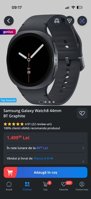 Vând Samsung Galaxy Watch8 44mm BT Graphite, nou în cutie, sigilat.