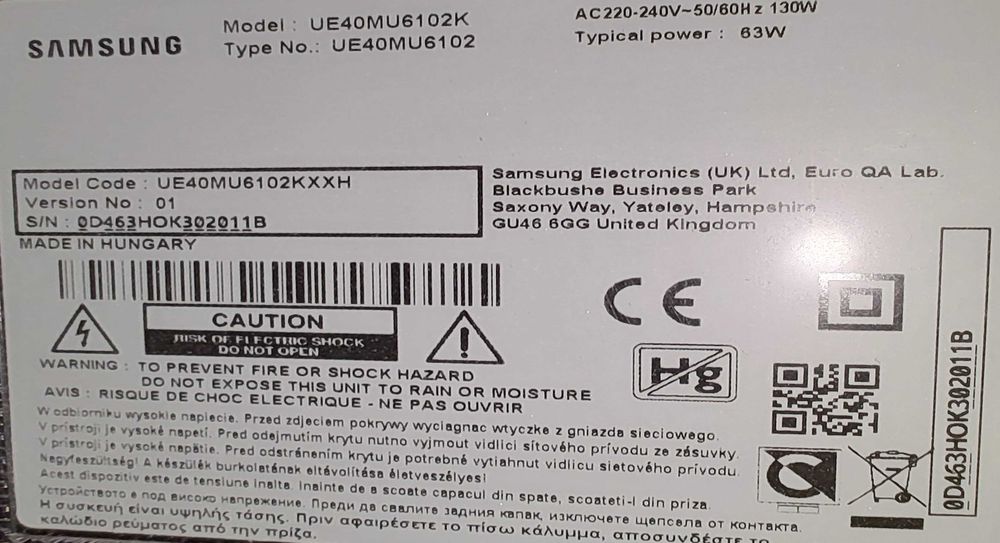 Piese TV Samsung UE40MU6102K , diagonala 40 inch (101) cm