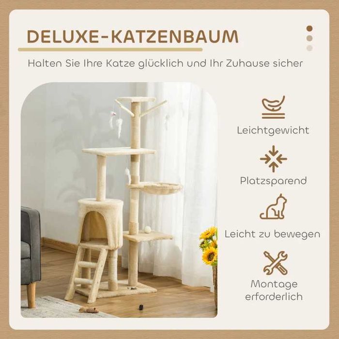 PawHut Дърво за котки 134,2 см Котешка кула с пещера