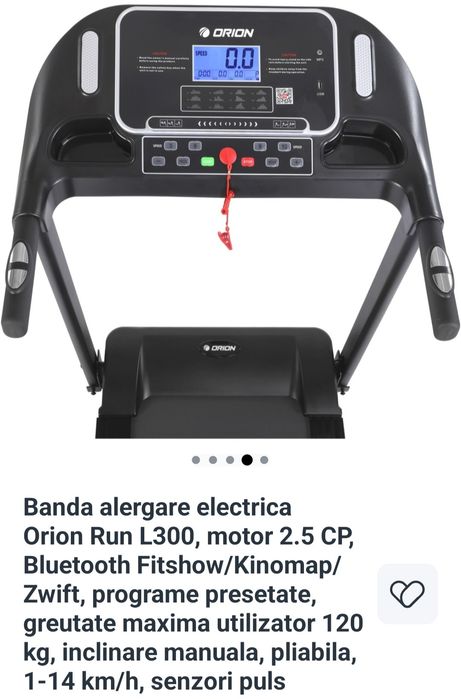 Banda alergare electrica Orion Run L300, motor 2.5 CP, Bluetooth Fitshow/Kinomap/Zwift, programe presetate, greutate maxima utilizator 120 kg
