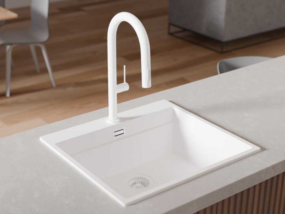 Бял смесител за кухня с изтегляща глава, 2 режима на струя - 9020