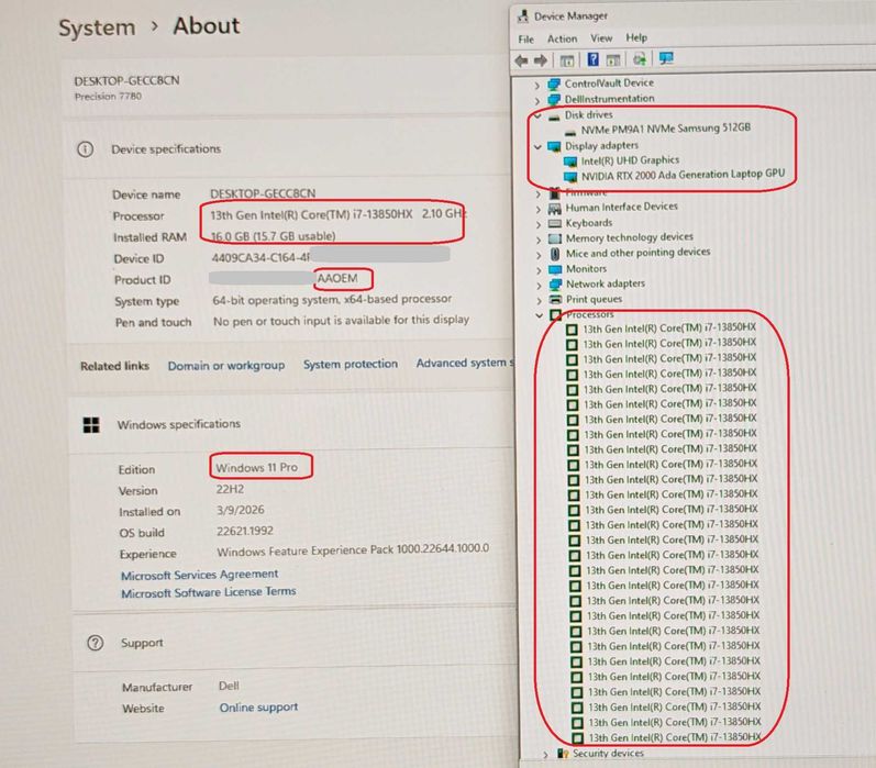 Dell Precision 7780/Intel Core i7-13850HX/NVidia RTX Ada 2000 8GB/16GB RAM/512GB NVME SSD/17.3 IPS FHD 500 nits. 100 DCI-P3 ЧИСТО НОВ ГАРАНЦИЯ