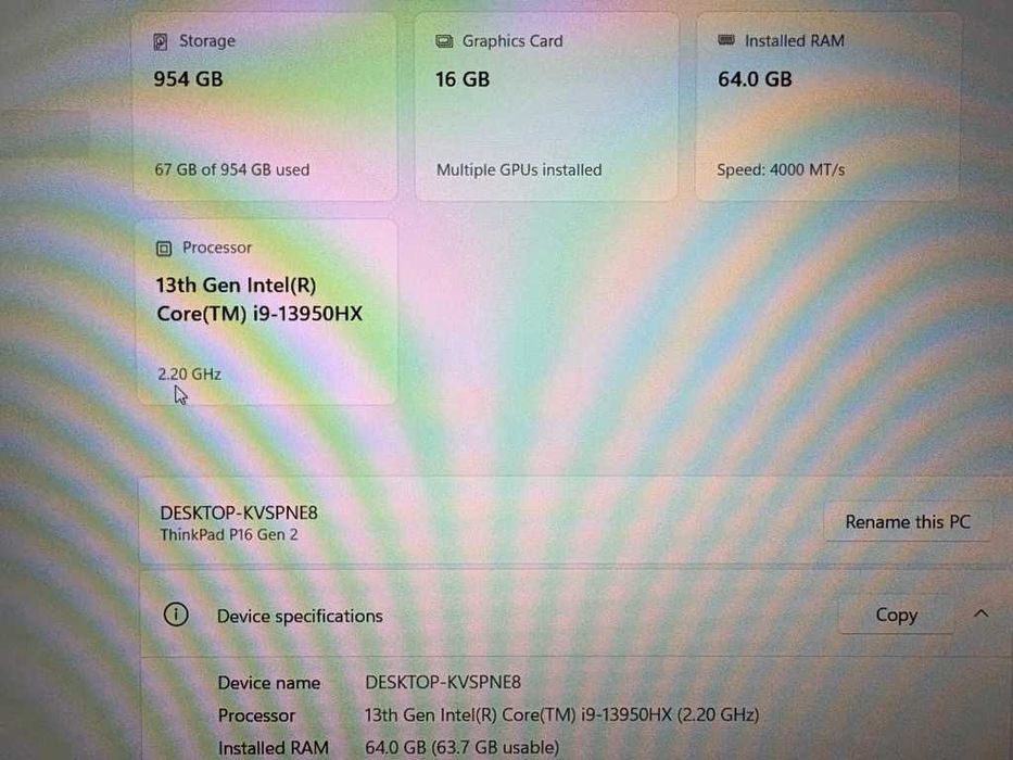 Lenovo ThinkPad P16 Gen 2  Eкан 16’IPS FHD+ 400nits 100%sRGB, cpu: i9 13950HX gpu: NVIDIA RTX 5000 16GB, Ram 64 Gb./1 Tb SSD. Гаранция до Юни 2026г
