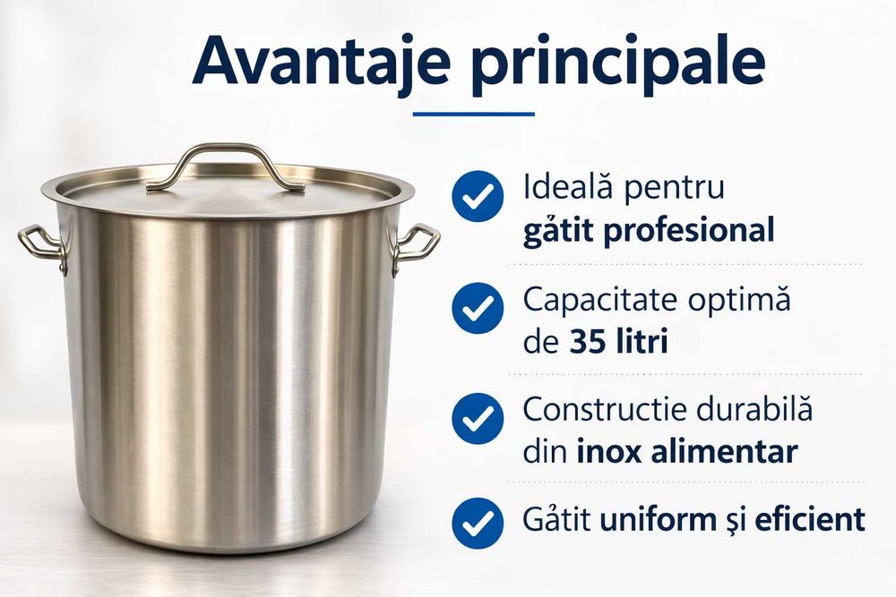 Oala inox profesionala 35L 35x35 cm pentru gatit intensiv